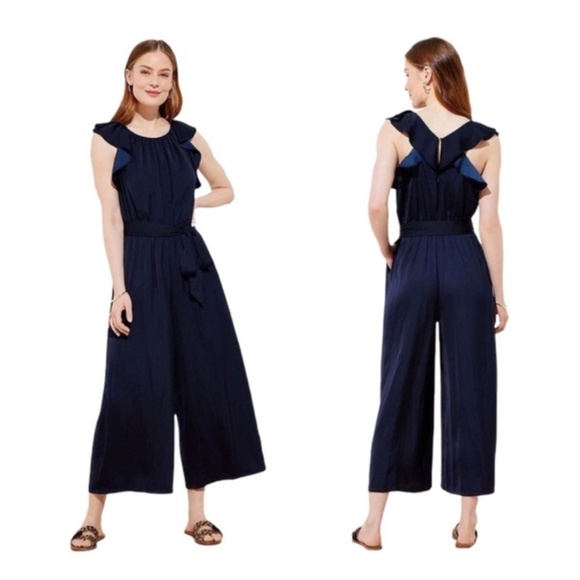 LOFT Racerback Belted Flutter Blue Jumpsuit 0P - Picture 1 of 4